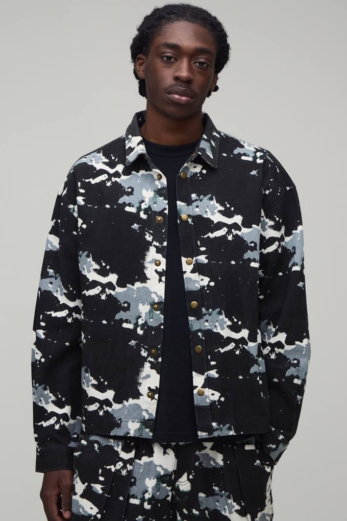 Oversized Boxy Overhemd Met Vervormde Camo Print | Green | Size Small