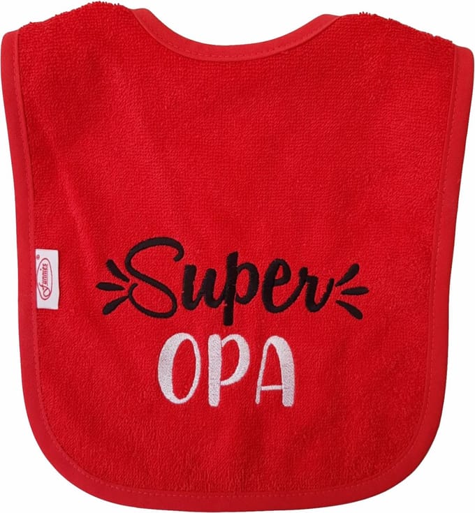 Rode slab met "Super Opa" - grootvader, babyshower, zwanger, cadeautje, kraamcadeau, grappig, geschenk, baby, tekst, rood