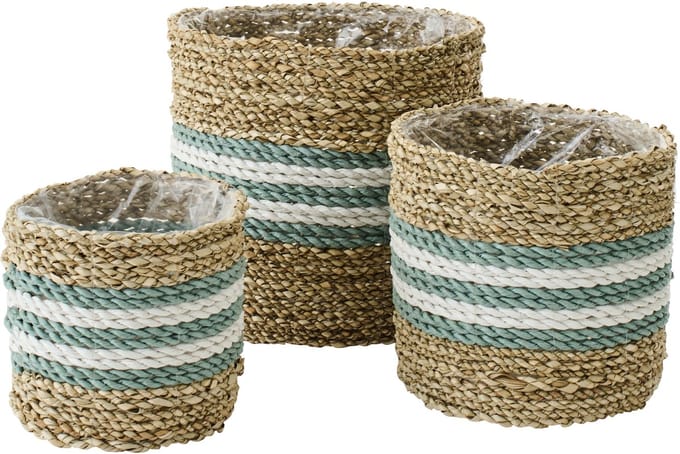 J-Line bloempot Gestreept - zeegras - naturel/turkoois - set van 3
