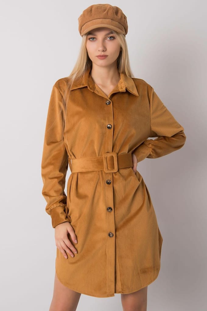 Belted Utility Shirt Dress - Camel / One Size