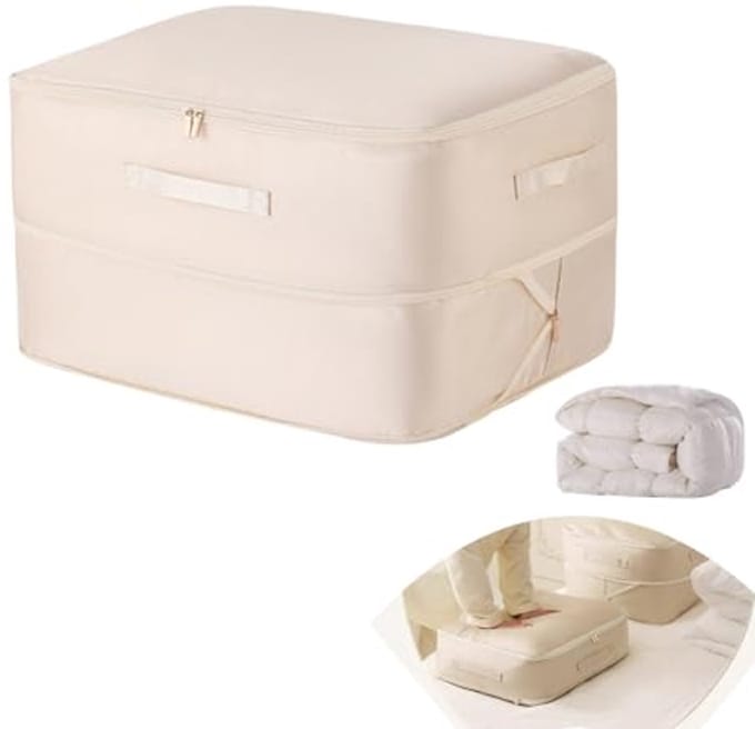 Middelgrote zelfcomprimerende opbergtas voor dekbedden en kleding, ruimtebesparende organizer in beige