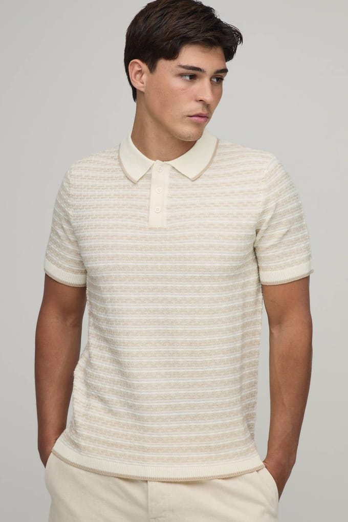 Regular Textured Stripe Knitted Polo T-Shirt | Stone | Size Medium