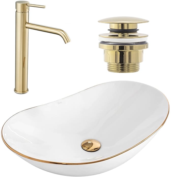 Rea Royal Opzetwastafel White Wit + Wastafelkraan Lungo High Goud + Kurk Goud