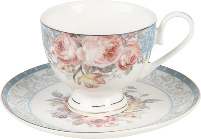 Clayre & Eef Kop en Schotel 200 ml Wit Blauw Porselein Bloemen