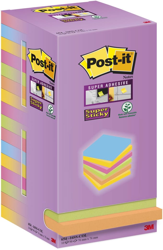 Memoblok post-it super sticky 654 76x76mm color | 10 stuks
