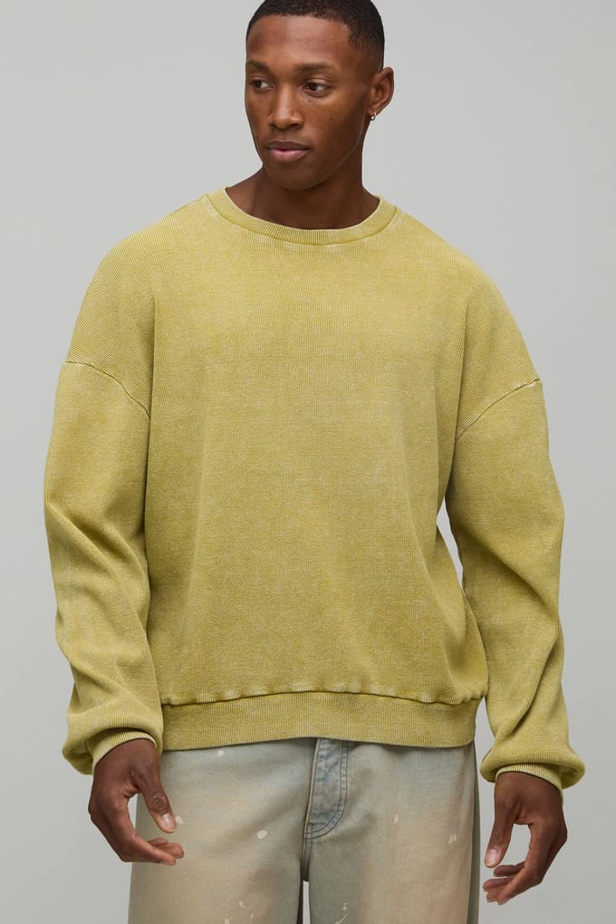 Geribbeld Oversized Boxy Acid Wash T-Shirt met Lange Mouwen | Mustard | Size Medium