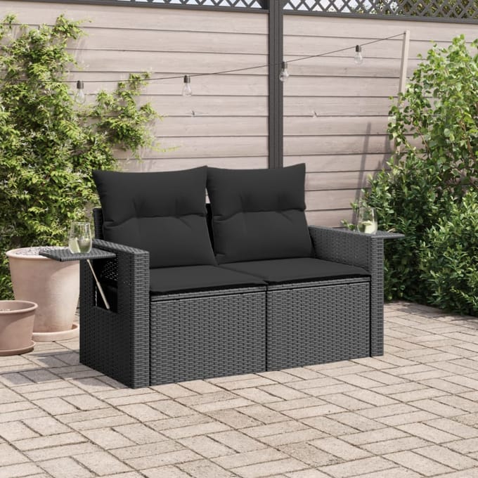 vidaXL - Tuinbank - 2-zits - met - kussens - poly - rattan - zwart