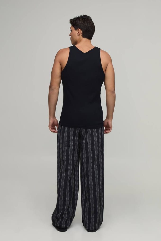 Baggy Fit Gestreepte Linnen Blend Broek | Black | Size Small