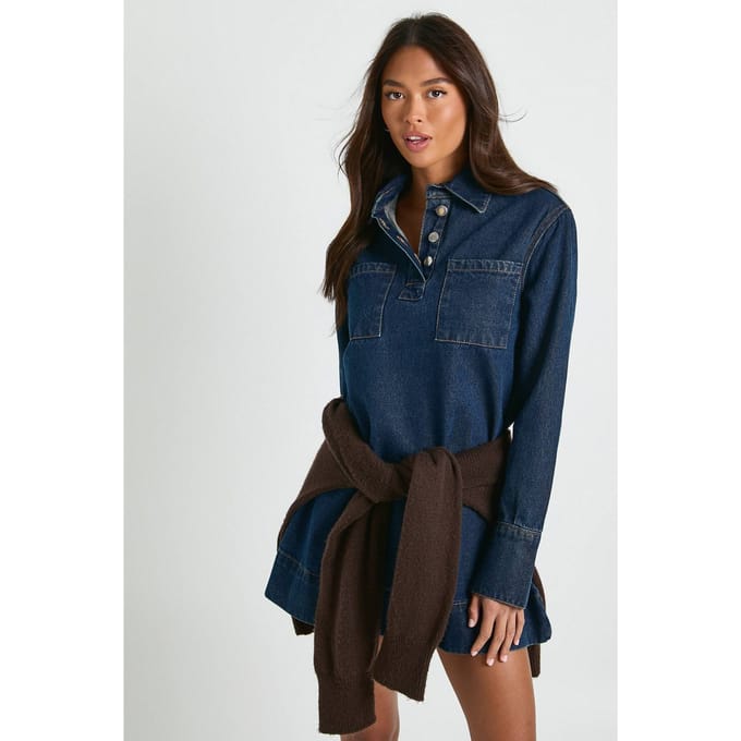 boohoo Dames Denimjurk met lange mouwen | Indigo | Maat: 6