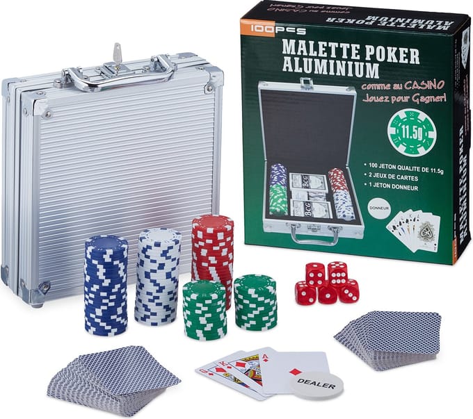 pokerset - 100 chips zonder waarde - 2 kaartspellen - 5 dobbelstenen - dealer-button