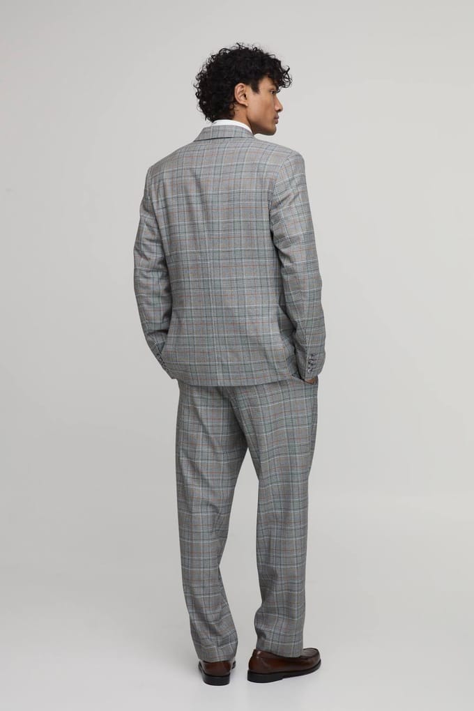 Checked Relaxed Fit Double Breasted Blazer | Grey | Size 48