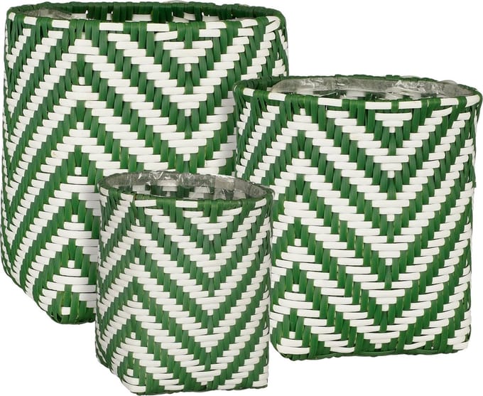 Mica Decorations Merlijn Plantenmand voor Buiten - Set van 3 - H26 x Ø24 cm - Gerecycled Plastic - Donkergroen, Wit