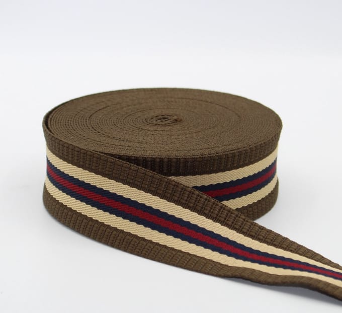 5 Meter GESTREEPTE TASSENBAND, Breedte 40MM, Kleur 15 TAUPE/BEIGE/NAVY/ROOD