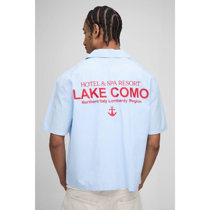 Oversized Boxy Revere Lake Como Geborduurde Streep-shirt | Blue | Size Medium