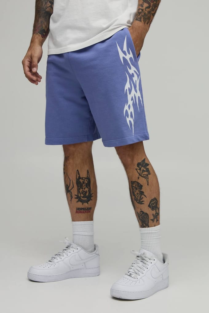 Baggy Fit Gothic Washed Loopback Jersey Shorts | Blue | Size Small