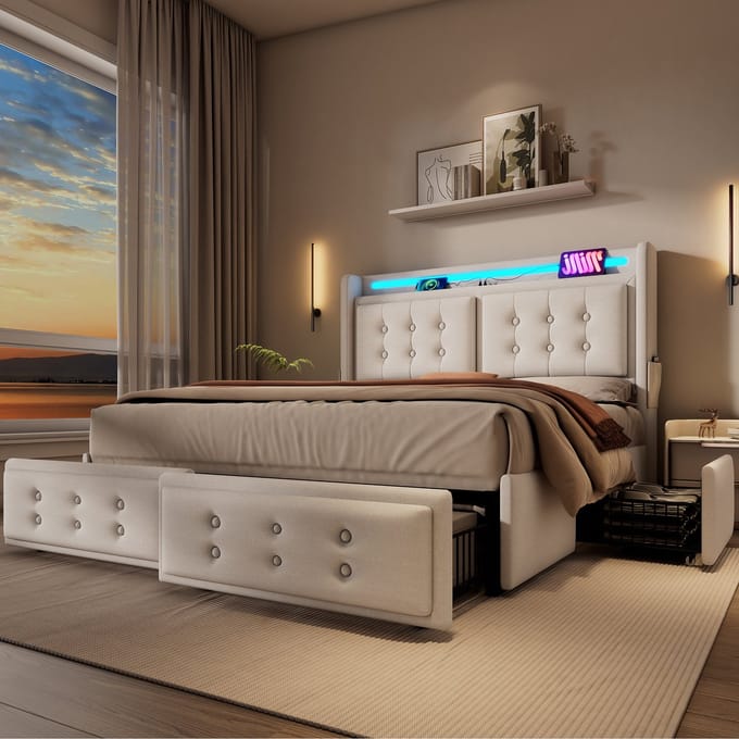 REDOM Bedframe 180x200 cm – Katoen-linnen – 4 lades – LED & USB/Type-C – Beige – 300 kg