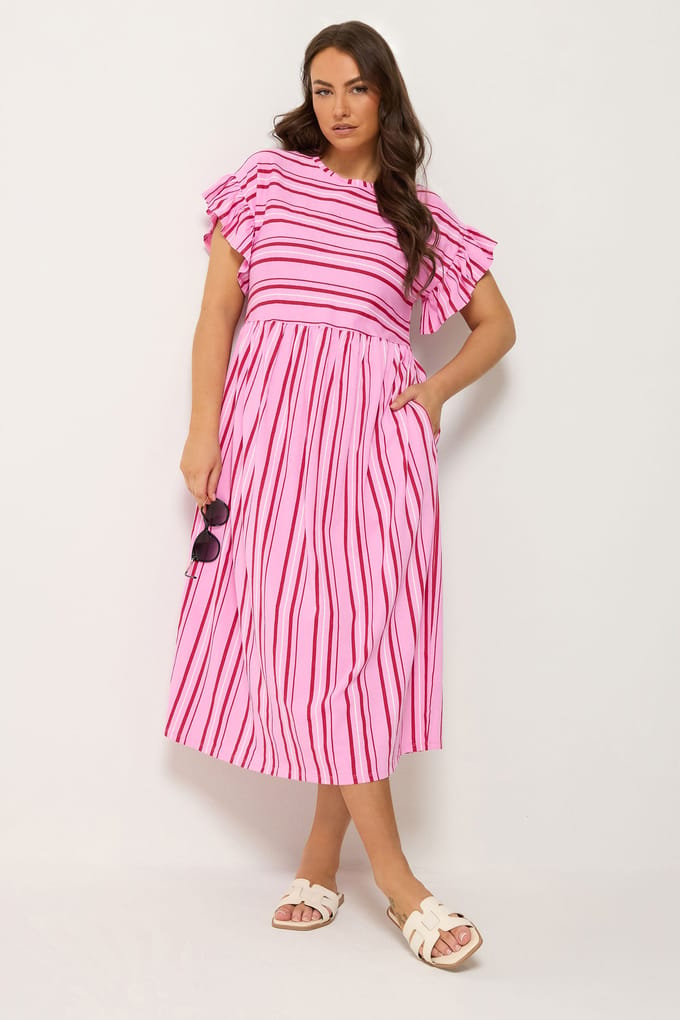 Yours Roze Gestreepte Jurk Met Mouwen Met Ruches Size 44