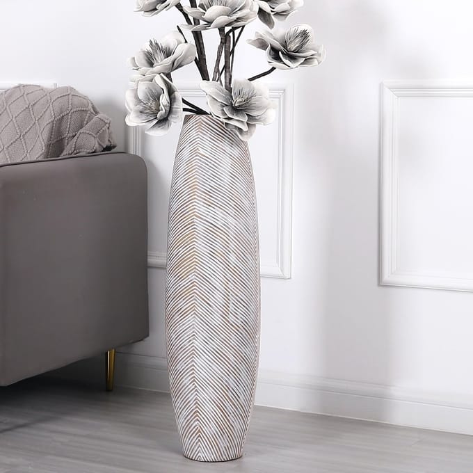 Decorative Tall Floor Vase for Living Room Decor, 80 cm, White Wash, Resin