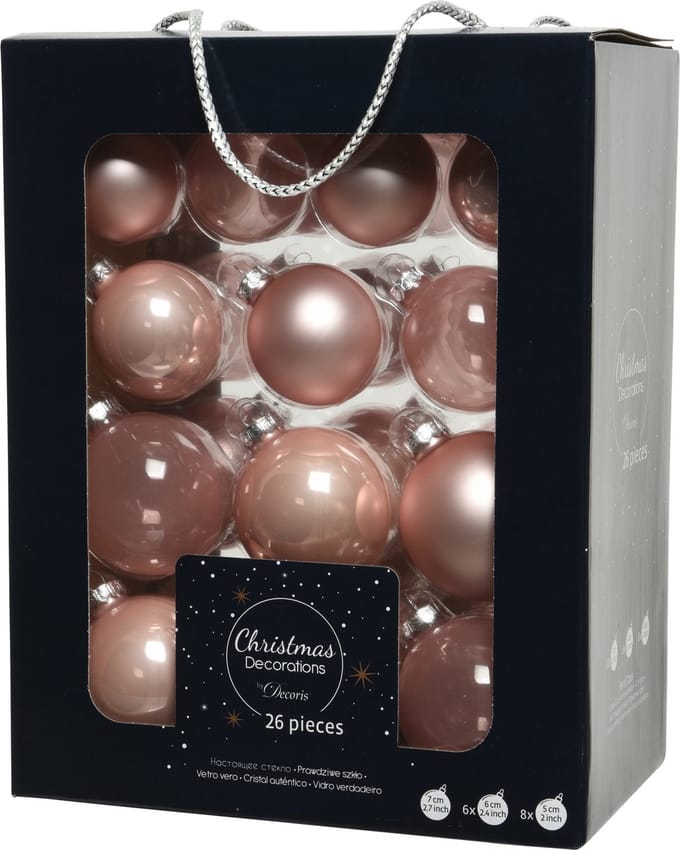 Decoris Kerstballen - 26 stuks - glas - lichtroze - 5-6-7 cm