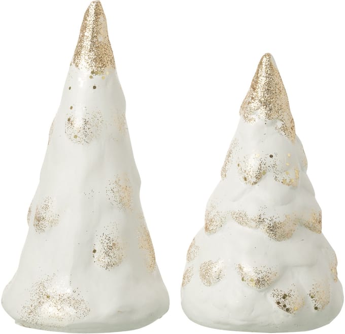 J-Line decoratie Dennenboom - keramiek - beige/wit - 2 stuks