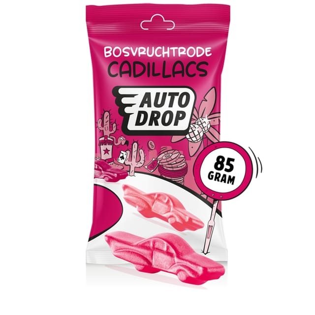 Autodrop - Snoep - Beroemde Bosvruchtrode Cadillacs - 1 zakje - 85 gram