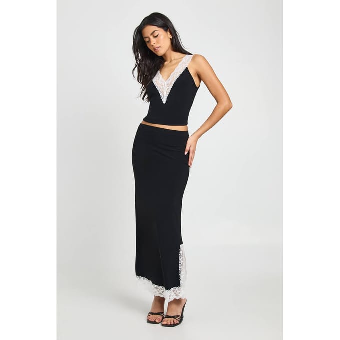 boohoo Dames Midi Rok Met Contrasterende Kanten Bies En Split | Black | Maat: 6