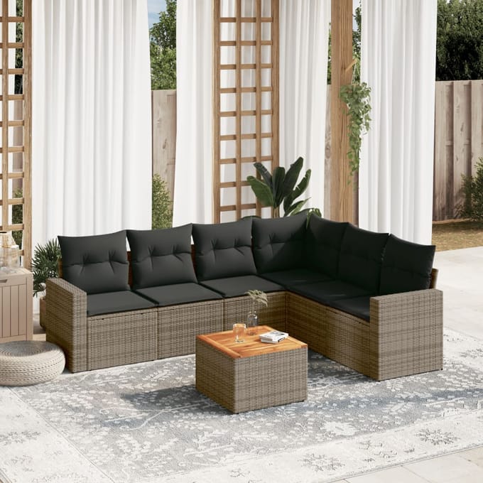 vidaXL - 7-delige - Loungeset - met - kussens - poly - rattan - grijs