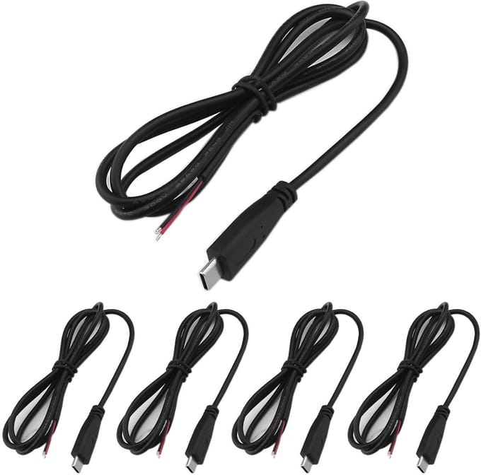 Dailygoody - USB C Pigtail Kabel 5x 1m 22AWG 5V 3A - Voor Arduino & LED Strips
