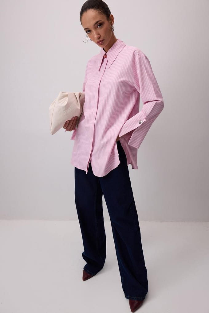 Touché Privé - Gestreepte blouse met brede manchetten - Roze - Dames