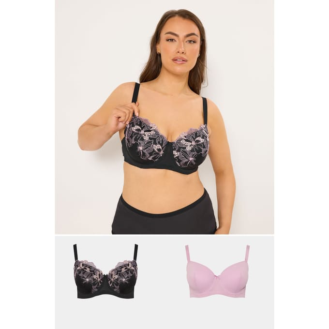 Yours 2 Pack Zwarte En Roze Gevulde Bh's Met Geborduurde Bloemenprint Size 95E