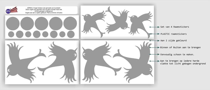 Jerma - Stickers - set van 7 vogelstickers samen met 12 cirkels Grijs - div. maten - Zelfklevend