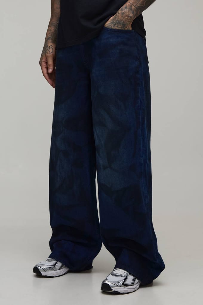 Tall Tie-dye Getinte Baggy Distressed Jeans | Dark Wash | Size 32