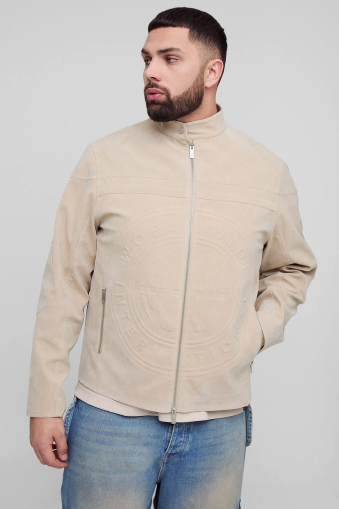 Plus Tumbled Faux Suede Embossed Regular Fit Biker Jacket | Stone | Size 4XL