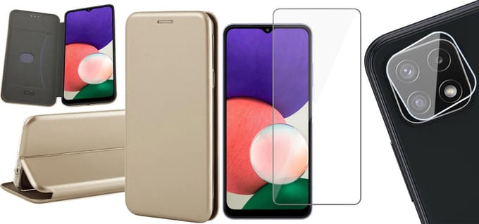 Hoesje geschikt voor Samsung Galaxy A22 5G - Bookcase Goud - Screenprotector - Camera Screen Protector - Wallet Hoesje