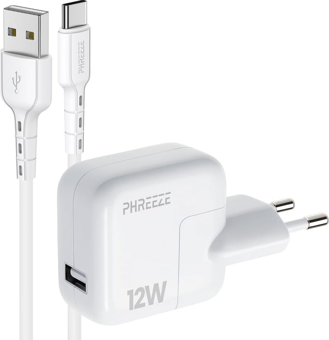Phreeze usb adapter 12 W - Usb A naar usb C kabel 1 meter - Usb power adapter voor telefoon en tablet