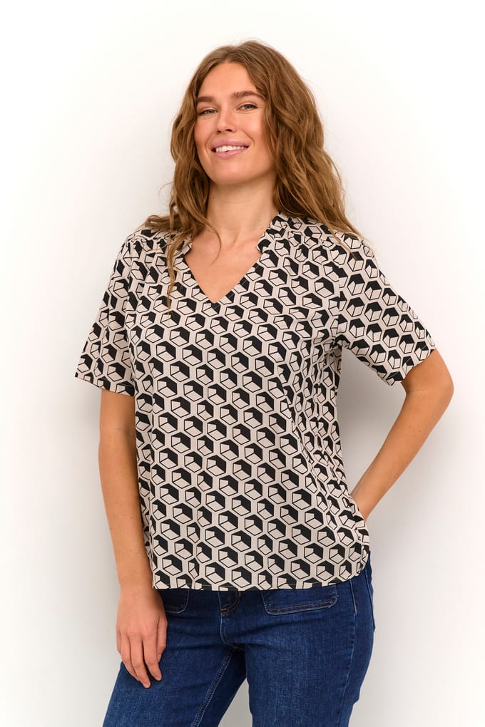Blouse met korte mouwen Regular fit Feather/Black Geometric Print white black