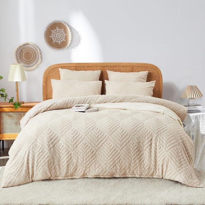 Dekbedovertrek set - Boho beddengoed - Slaapkamer decoratie - Getuft microvezel - 200x220 cm - Beige