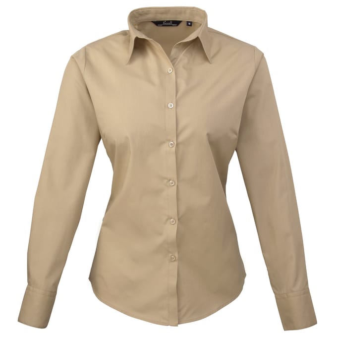 Premier Dames/dames Poplin Blouse met lange mouwen / Gewoon werk overhemd (Khaki)