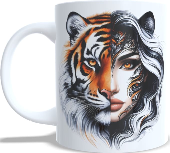 koffie beker thee mok - tijger - vrouw - gezicht