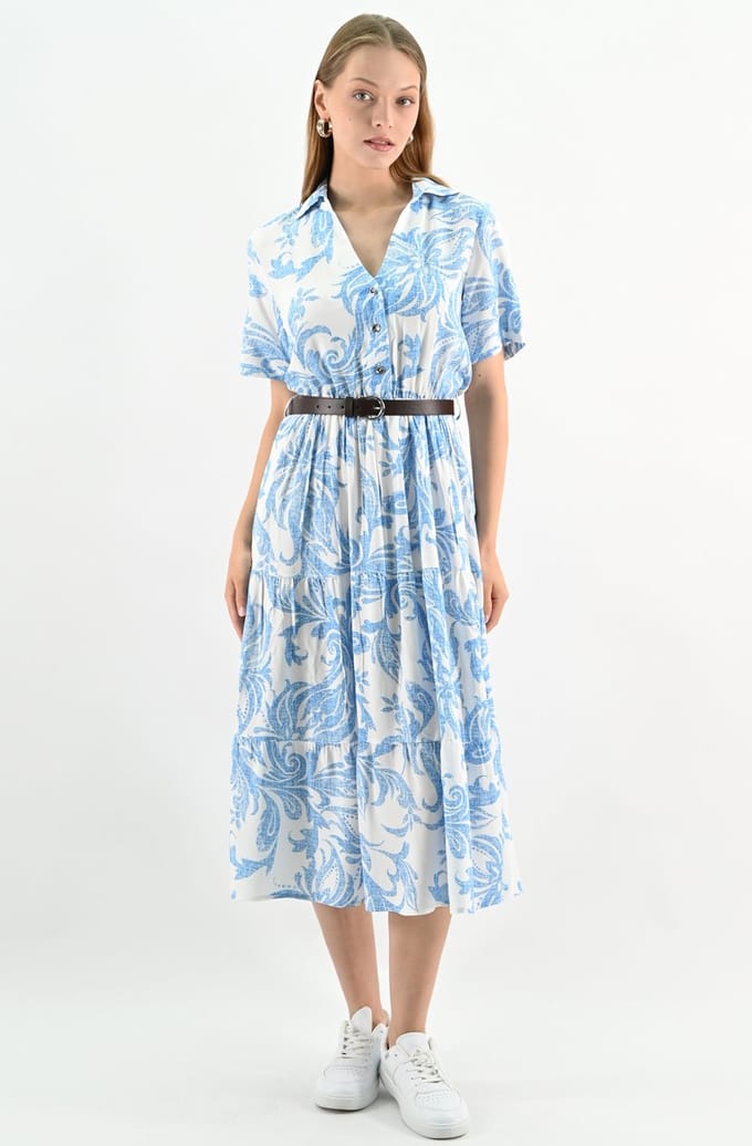 YesMooi - Midi Blousejurk met Ceintuur - Lichtblauwe Bladprint - M (38)
