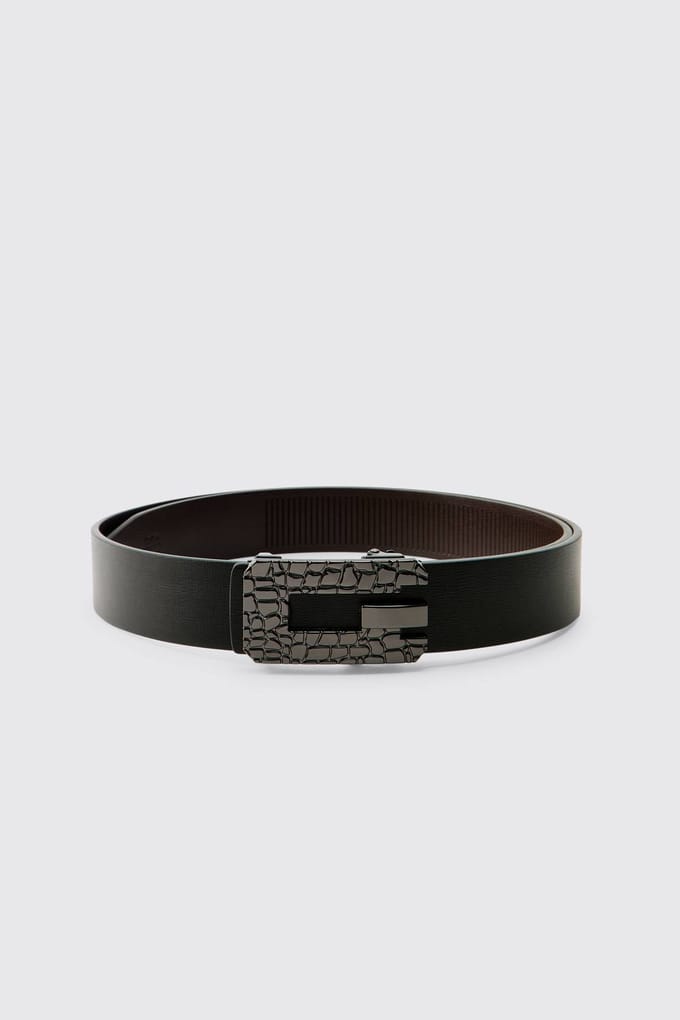 PU Belt with Textured Buckle | Black | Size Medium/Large