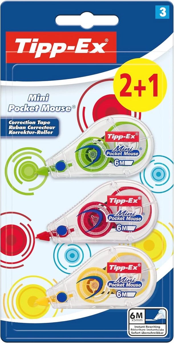 Mini Pocket Mouse Correctie Roller - Diverse Kleuren - Verpakking van 3
