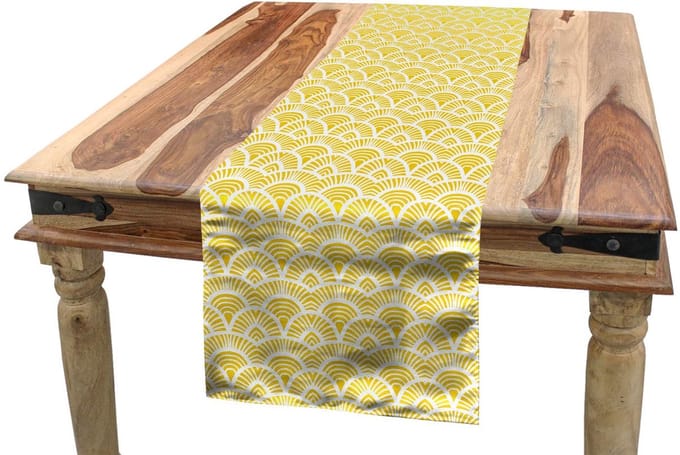 ABAKUHAUS tafel-loper – abstract, vintage boho, 40x180 cm, geel-wit