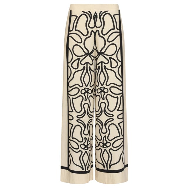 Smashed Lemon Crème wide leg broek met zwart grafisch patroon |