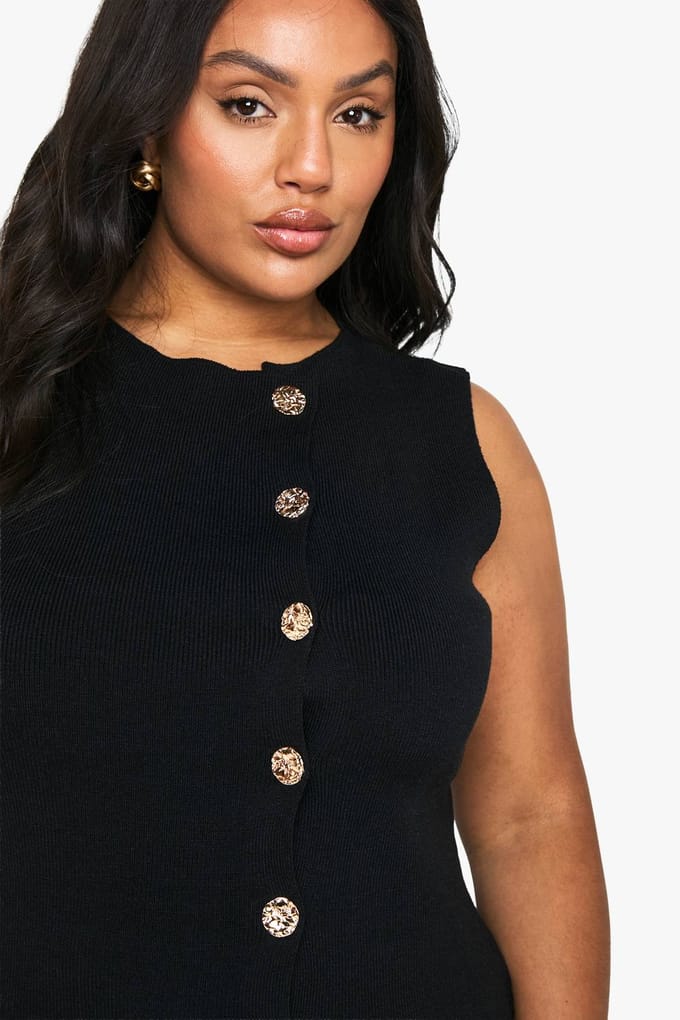 boohoo Dames Plus Asymmetrisch Goudknopenvest | Black | Maat: 24-26