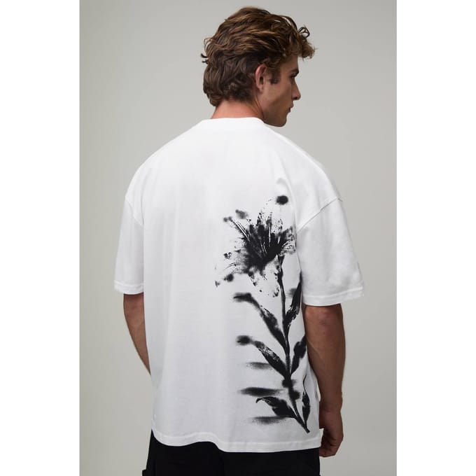 Oversized Heren Script Bloemenprint T-shirt | White | Size XS
