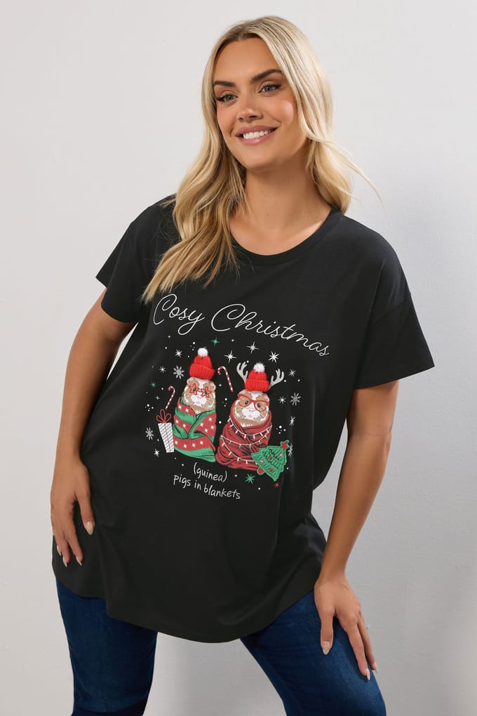 Yours Zwart Glitter 'Cosy Christmas' Cavia Tshirt Size 58-60