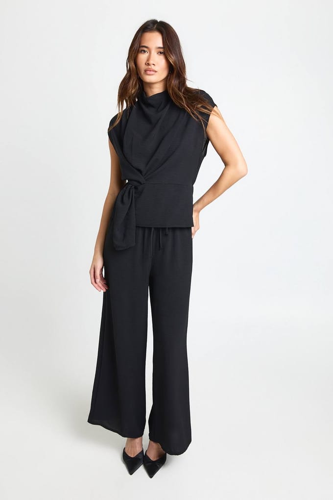 boohoo Dames Petite geweven draperende blouse & broek co-ord | Black | Maat: 6