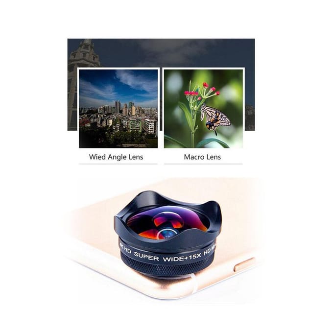 4K Smartphone Camera Lens 0.45X Groothoek 15X Macro Telefoon Lens met Universele Clip Compatibel met zwart