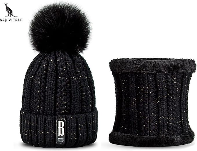 San Vitale® - Muts - Set met Col - Dikste kwaliteit - 200+ gram - Muts Dames - Wintermuts - Zwart